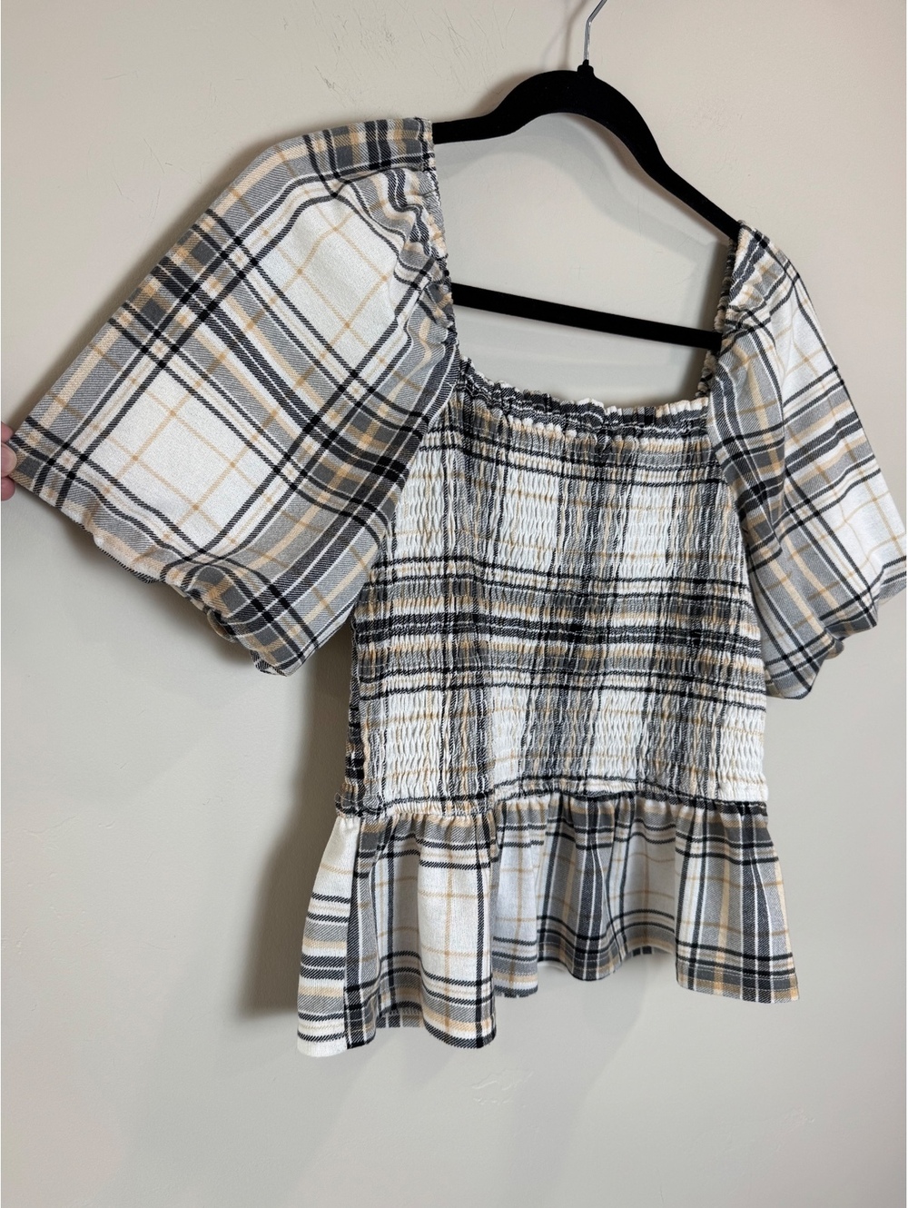 FLOWER & FEATHER Plaid Smocked Square-Neck Smocked Peplum Top LARGE COTTAGECORE
